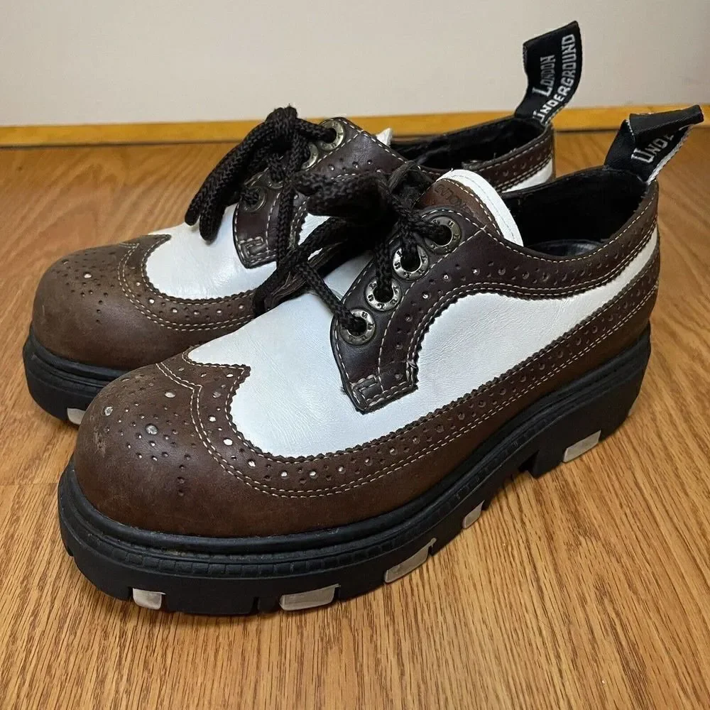 Vintage Y2K London Underground brown oxford wingtip lace up creeper shoes US 7.5